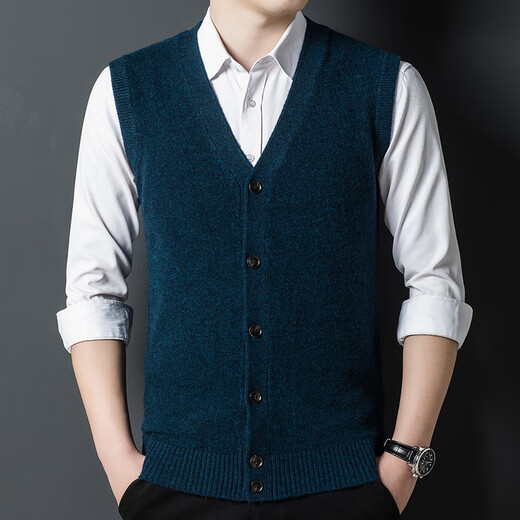 Hengyuanxiang Autumn and Winter Men's 100% Pure Wool Vest Winter V-neck Wool Sweater Sleeveless Knitted Sweater Cardigan DNDS-55607 Minghua Gray XL (175)