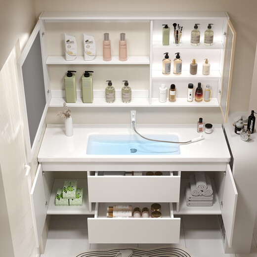 Yumei Youpin Solid Wood Bathroom Cabinet Ceramic Integrated Bathroom Washing Bathroom Cabinet Combination Washing Table Mirror Cabinet Cream Style L16 Hanging Cabinet 80cm Smart Mirror Cabinet + Ceramic Basin