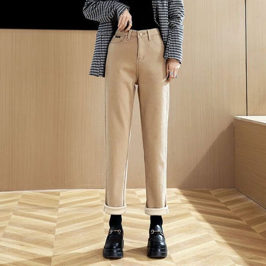 Geyun Jeans Women's 2025 Spring and Autumn New Style Wearing Straight Wide Legs Khaki Cotton Pants Plus Fleece Thickened Smoke Pants Women's Khaki One Buckle [Fleece Thickened] 13588 27 (96 to 105Jin [Jin equals 0.5 kg])