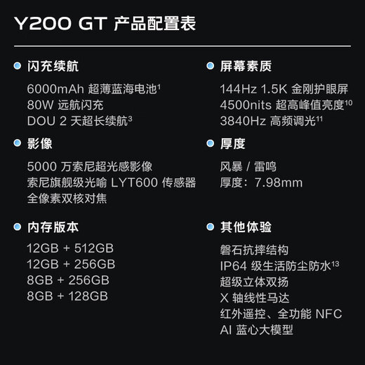 
vivo Y200 GT 12GB+256GB Storm National subsidy 6000mAh+80W long battery life large battery fast charging Third-generation Snapdragon 7 thin gaming mobile phone