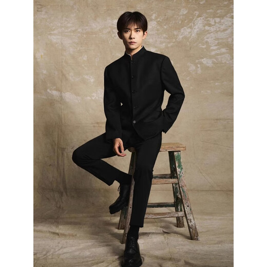 Hadidzai new Chinese style stand collar tunic suit men's complete set of dk uniform slim fit spring and autumn trendy Republic of China style suit jacket three-piece set black + white long-sleeved shirt + trousers 2XL collection priority delivery