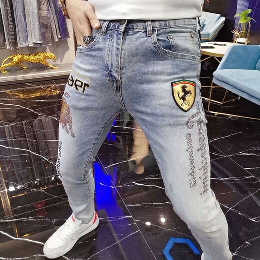 柯捷豪欧洲站秋季潮牌男士牛仔裤白色烫钻刺绣印章仔潮流修身弹力小脚裤 白色6621 29 (腰围2尺2)