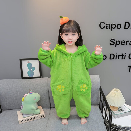 G.DUCKKIDS children's clothing children's pajamas boys one-piece coral velvet dinosaur sleeping bag baby autumn and winter thickened home clothes children winter light green 90 cm recommended height 85-95cm