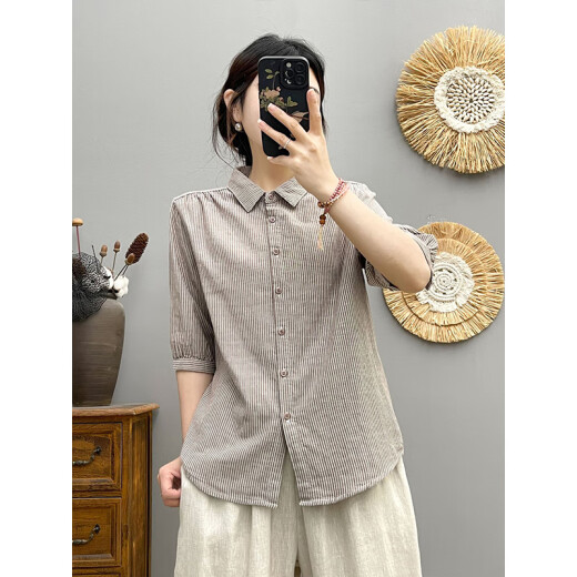 NICOLEJOLIE100%纯棉长袖衬衫女2025春装新款细条纹宽松文艺休闲棉纱衬衣上衣 蓝条6623（翻领细条纹无口袋） L