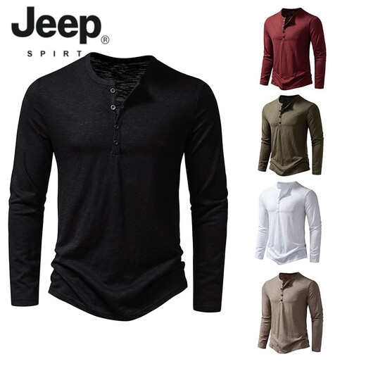 JEEP SPIRIT American retro heavyweight long-sleeved bottoming shirt autumn long-sleeved Henry shirt men's fitness tough guy army green T-shirt long sleeve khaki M