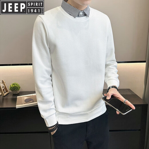 吉普（JEEP）衬衫领卫衣男2025新款秋季潮流修身假两件套头上衣打底针织T恤 友谊9893 白色 M 90到105斤