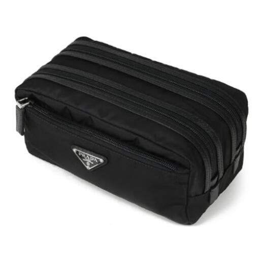 PRADA triangular logo zipper closure, regenerated nylon toiletry bag, men's black basic outfit (bag)