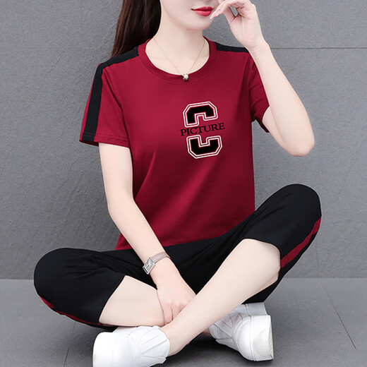NY-EMMA sports suit for women short-sleeved summer thin high-end fashionable age-reducing cotton casual and fashionable running suit two-piece set 687 orange (crop pants set) 3XL (recommended 140-155 Jin [Jin equals 0.5 kg])