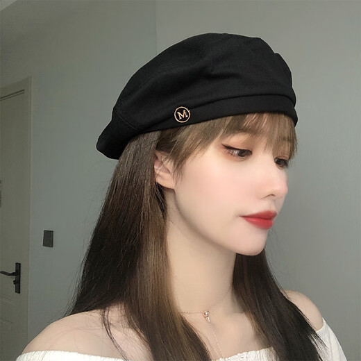 Hetong beret women's thin summer octagonal hat Korean style Japanese style British retro painter hat trend QT-221 black M (56-58cm)
