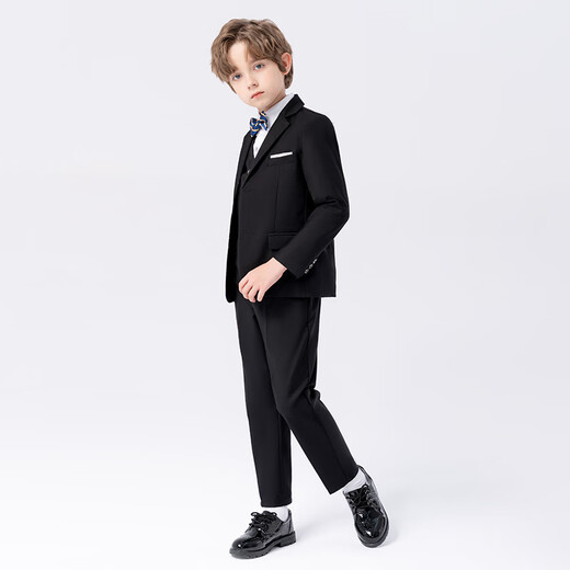 萝卜呗呗（LUOBOBEIBEI）儿童西装男童纯色西服花童中小童礼服套装 黑色五件套 140