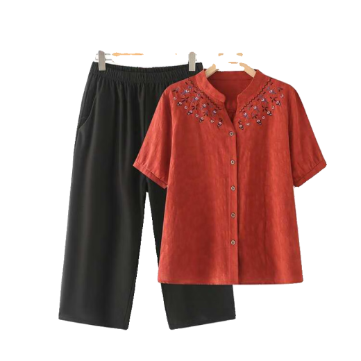 Langshe Fat Mom Summer Summer Manga Short Algody y líneas Conjunto de talla grande Jin [Jin equivale a 0.5 kg] Camisa de cárdigan de mediana edad y ancianos Mujeres sueltas de dos piezas Top + pantalones [2601#] 3xl recomendado 120-140 Jin [Jin equivale a 0.5 kg]