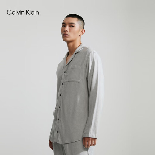Calvin Klein内衣秋冬男士时尚休闲格纹纽扣翻领舒适家居长袖睡衣NM1428O P7A-鸽子灰 M