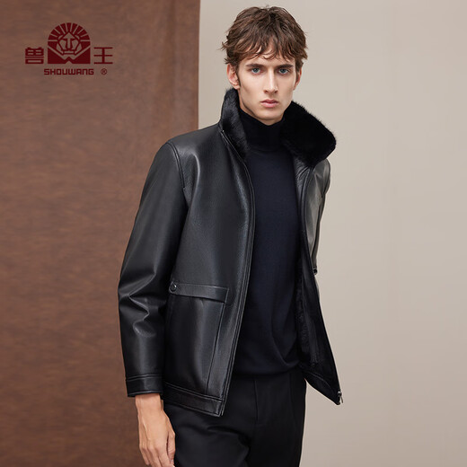 兽王（SHOUWANG）皮克服男2024秋冬新款山羊皮真皮皮衣可拆卸水貂内胆皮草外套 黑色 L 175/96A(50)