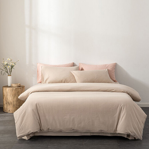 Hua Xiyu Class A pure cotton yarn-dyed washed cotton four-piece set pure cotton unprinted style Japanese-style pure cotton bed sheet quilt cover sleeping naked 4-piece rice camel (A-category maternal and infant grade pure cotton) 1.5 meter four-piece fitted sheet set (, Quilt cover 2x2.3m)