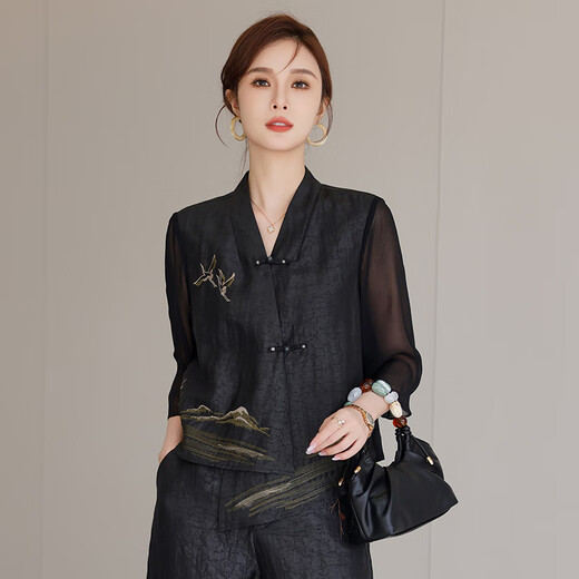 卡搭品牌香云纱真丝套装女桑蚕丝高端皮草中式唐装新款七分袖两件套女 黑色套装 L 推荐体重90-110斤