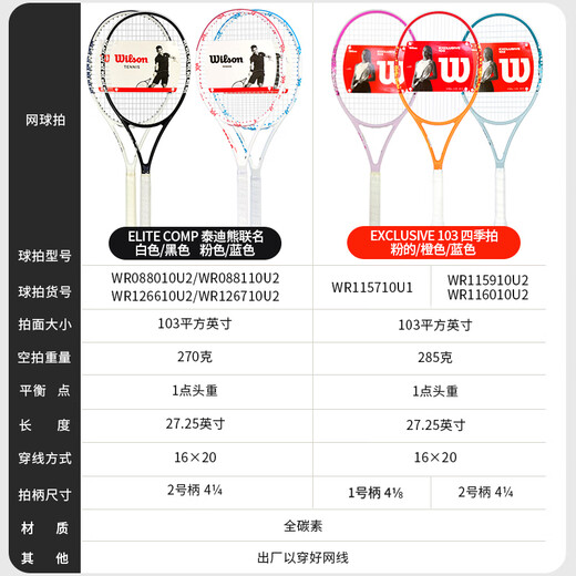 Wilson Tennis Racket Full Carbon Teddy Bear Co-branded Carbon Fiber Beginner Advanced Couple Shooting 2 Bear Co-branded 0880 White + 0881 Black