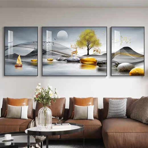 丞仔石来运转客厅装饰画沙发背景墙山水风景挂画现代轻奢大气三联壁画 JD13568 左右35*50中间70*50 晶瓷铝合金黑框