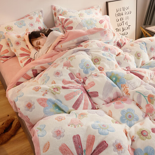 Jiuzhoulu warmes Milchkristall Fleece Vierköpfige Set Doppelseite 1,5/1,8-Meter-Quilt-Abdeckung Flanell Quilt Cover Winter