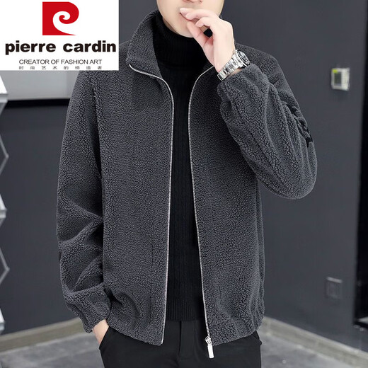 皮尔卡丹（pierre cardin）绵羊毛皮衣外套男款羊剪绒羊羔毛夹克加绒加厚开衫卫冬季 灰色 立领 羊羔毛 L 170(95-115斤)