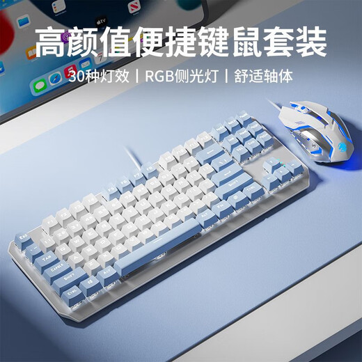 前行者TK870有线机械键盘游戏办公键盘拼色RGB侧光灯有线87键客制化热插拔游戏电竞台式电脑笔记本办 银黑-蓝光【全键无冲可换轴】有线
