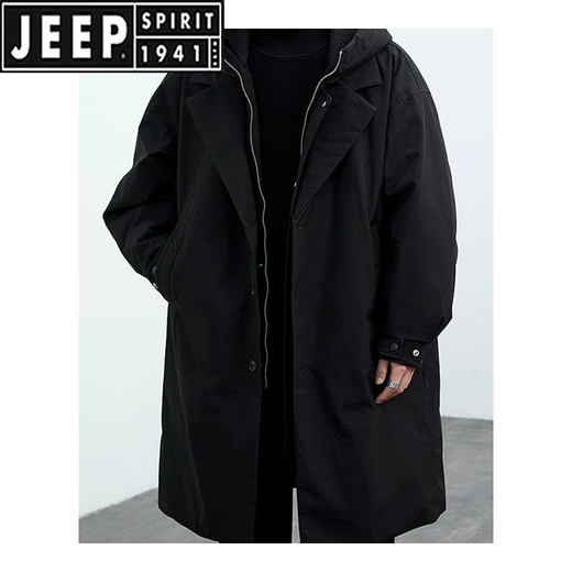 JEEP SPIRIT2025 Spring and Autumn New Men's Green Coat Men's Jacket Fake Two-Piece Hooded Mid-Length Windbreaker Parka Trend Army Green Spring and Autumn/Parker Windbreaker/Over the Knee 3XL Recommended 160-180Jin Jin is equal to 0.5 kg