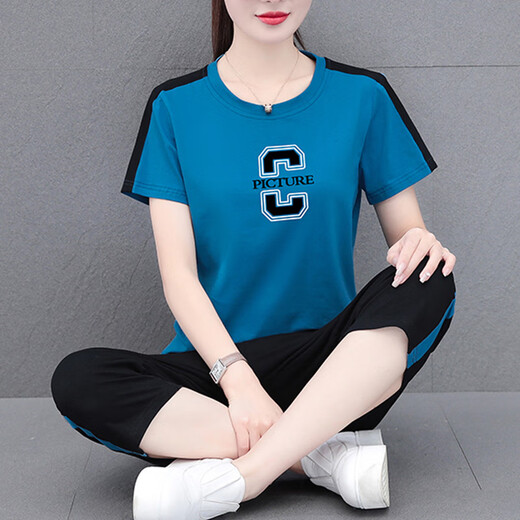 NY-EMMA sports suit for women short-sleeved summer thin high-end fashionable age-reducing cotton casual and fashionable running suit two-piece set 687 orange (crop pants set) 3XL (recommended 140-155 Jin [Jin equals 0.5 kg])