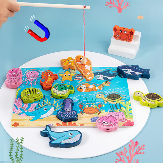 Children's wooden double-sided multi-functional matching board, rope drawing board, children's fishing string jewelry toy, marine biological model