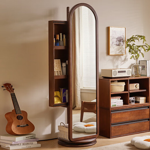 Ruifan Nordic solid wood dressing mirror living room rotating full-body mirror floor-standing home mirror bedroom storage makeup fitting mirror