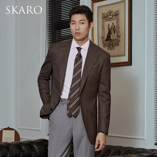 SKARO【澳洲纯羊毛】秋冬正装西服外套男商务修身咖色千鸟格西装 棕色SKV281-2 46