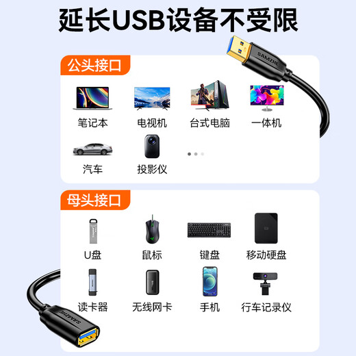 山泽usb3.0延长线3米 公对母电视u盘鼠标键盘扩展线电脑硬盘数据连接加长线打印机分线器转接线UK-030