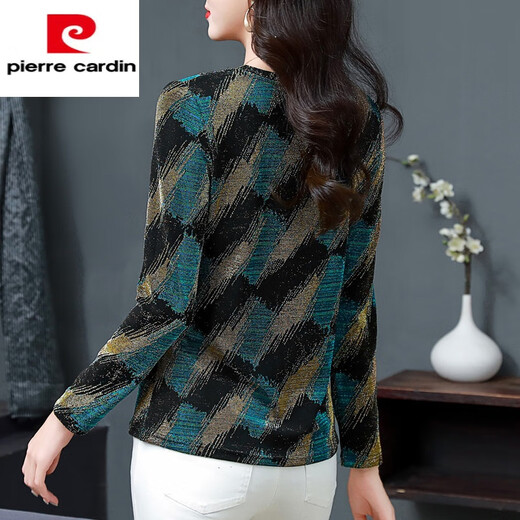 Pierre Cardin velvet thickened T-shirt for ladies, autumn bottoming shirt for women, Yiwu middle-aged 2025 spring and autumn new model, half-high collar, geometric velvet XL, suitable for weight 115-130