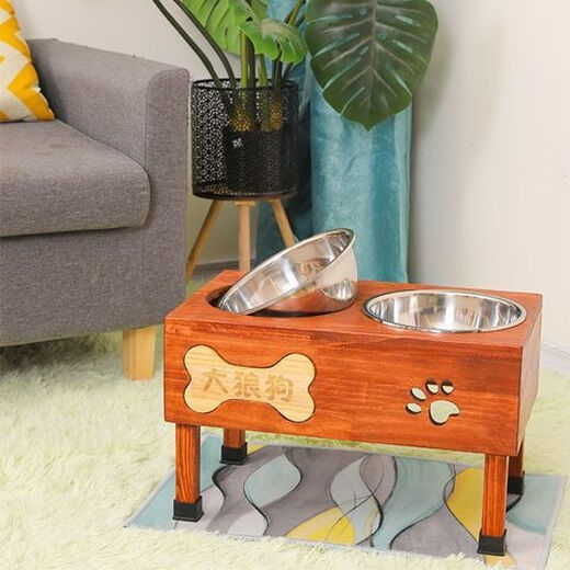 Huameilong Dog Bowl for Medium and Large Dogs Double Bowl Golden Retriever Solid Wood Frame Stainless Steel Anti-Tip Dog Bowl Dog Bowl Rack Fixed to Protect Cervical Vertebra Carbonized DIY Engraving Model
