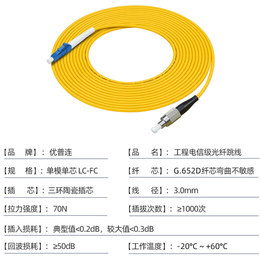 优普连 电信级光纤跳线单模单芯SC转SC/FC/LC/ST室内软光纤线 光纤延长线 方转圆光缆尾纤线 电信级单模单芯LC-FC 15米