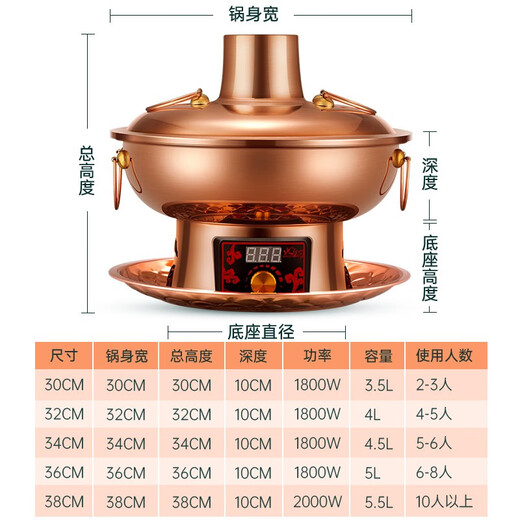 Cui Laoye copper hot pot carbon and electric dual-purpose mandarin duck pot household pure copper pot hot pot special pot charcoal plug-in hot pot shabu-shabu pot digital display temperature adjustment 6-8 people 34cm mandarin duck pot
