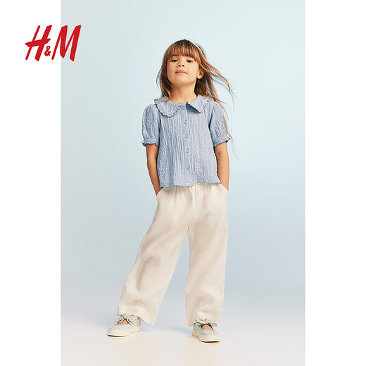 H&M children's clothing girls short-sleeved summer puff sleeve collared top 1227246 cream 140 689-10Y
