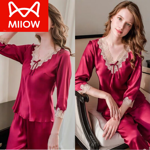 猫人（MiiOW）高档真丝睡衣女两件套桑蚕丝绸2024年新款家居服套装春夏薄款妈妈 长 袖9856大红套 XL 【115-130斤】