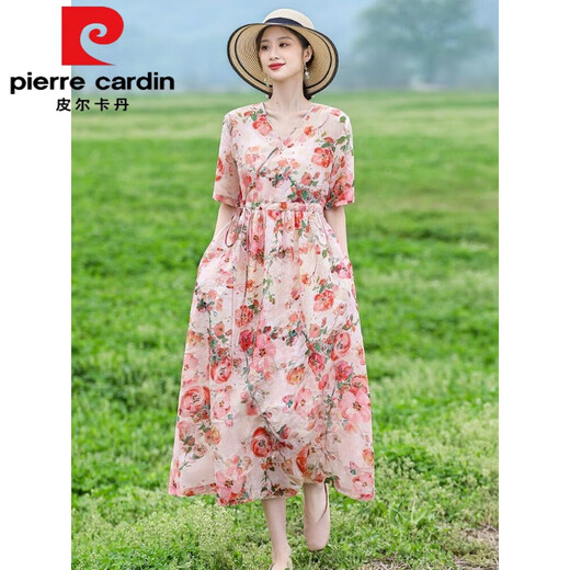 
Pierre cardin retro ethnic style women's long skirt summer age-reducing mother m mother suit lace waist-hugging slimming cotton linen dress floral dress 683 pink XL