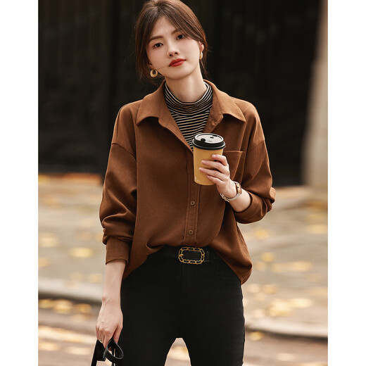 Demana Urban Casual Commuting Half-High Lapel Shirt Contrast Color Stitching Brushed Shirt Women's Top Light Brown L