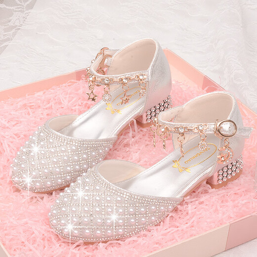 Bu Lian Cat Girls Princess Shoes Children's Small Leather Shoes 2024 New Little Girls High Heels Soft Bottom White Pearl Crystal Shoes Trendy Silver White 26