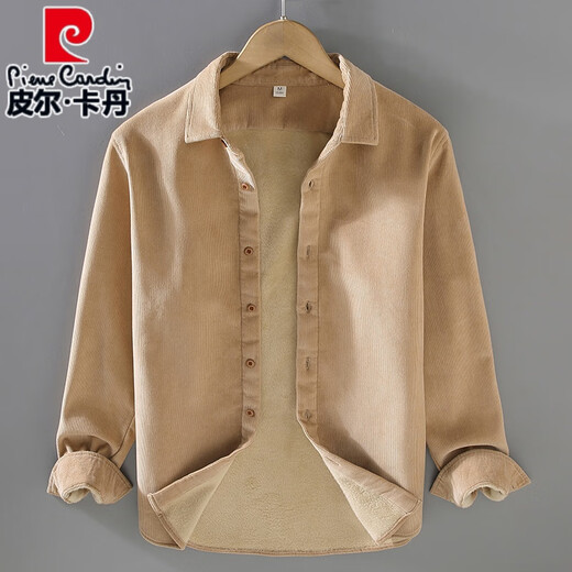 皮尔卡丹（pierre cardin）加绒加厚日系灯芯绒衬衫男秋冬季复古纯色保暖长袖条绒衬衣外套潮 杏色/9717翻.领普通厚度 L