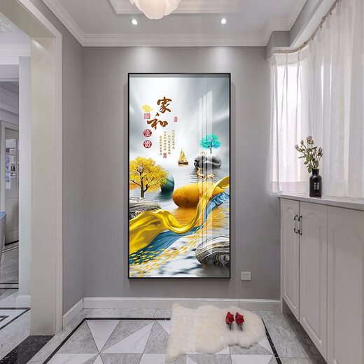 牧邻玄关装饰画新中式轻奢现代简约背景墙壁挂画免打孔走廊过道镶钻画 12243福鹿呈祥 晶瓷70*140黑框 墙宽101-120
