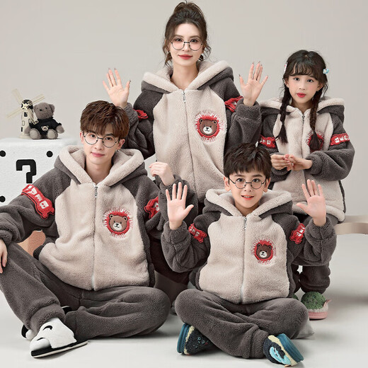 亲子睡衣冬季加厚一家四口新款恐龙珊瑚绒父子母女儿童套装家居服 Y-3899字母棕熊【连帽拉链款】 女XL码165~170CM约120-140斤