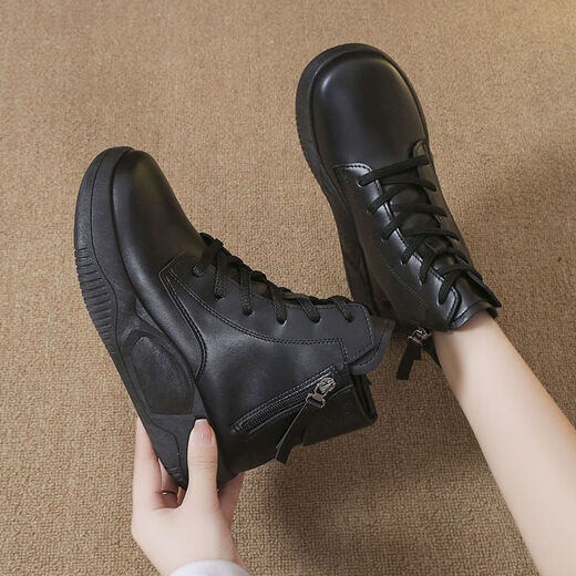 AIZUNSHI thick-soled Martin boots for women in 2024 autumn and winter new style of sponge cake-soled short boots casual white shoes versatile leather high top beige 36 (230mm)