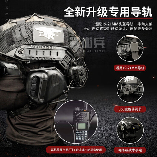 Soldat tactique Fast Quadruple Night Vision Device Set Communication Collet Tactical Fans militaires Collectionne les périphériques de gibier de haute précision Casque noir + Écouteurs + couvercle de casque unique (54-58 cm)