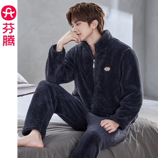 Fenten Couple Pajamas Women's Winter Velvet Thickened Coral Velvet Home Clothes Can be Weared Outside Zipper Warm Suit Men's Carbon Gray Single Men's L Recommendation: Female 110-124 Jin Jin equals 0.5 kg, male 126-146 Jin Jin equals 0.5 kg