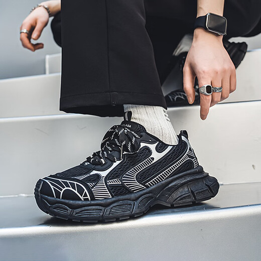 贞喜气男鞋秋季2025新款老爹鞋休闲运动黑色工作鞋防滑耐磨百搭鞋子男 L727黑色【43码】