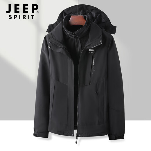 JEEP SPIRIT Jacket Men's Outdoor Three-in-One Jacket Men's Fleece Removable Coldproof Mountaineering Jacket Men Black 2XL