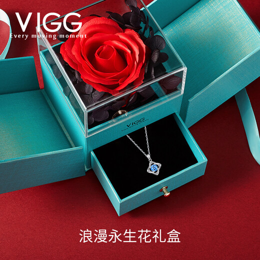 VIGG four-leaf clover silver necklace women's clavicle chain birthday Chinese Valentine's Day gift for girlfriend and wife wedding anniversary four-leaf clover necklace (sea blue) eternal flower gift box