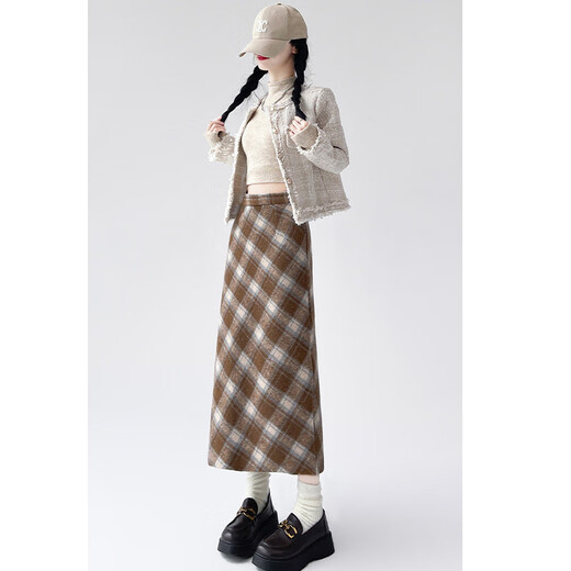 Hao'e retro woolen plaid skirt for women autumn and winter brown high waist slim pear-shaped figure long slit a-line skirt khaki M recommended 96-110Jin Jin equals 0.5 kg