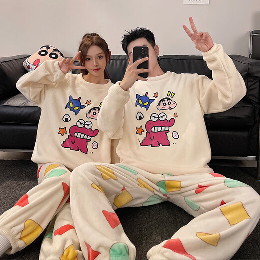 Mengdong Crayon Shin-chan pajamas for a man and a woman couple autumn and winter flannel warm coral velvet thickened cartoon home clothes TF velvet #3726# XL male size recommended 130-165 Jin Jin equals 0.5 kg